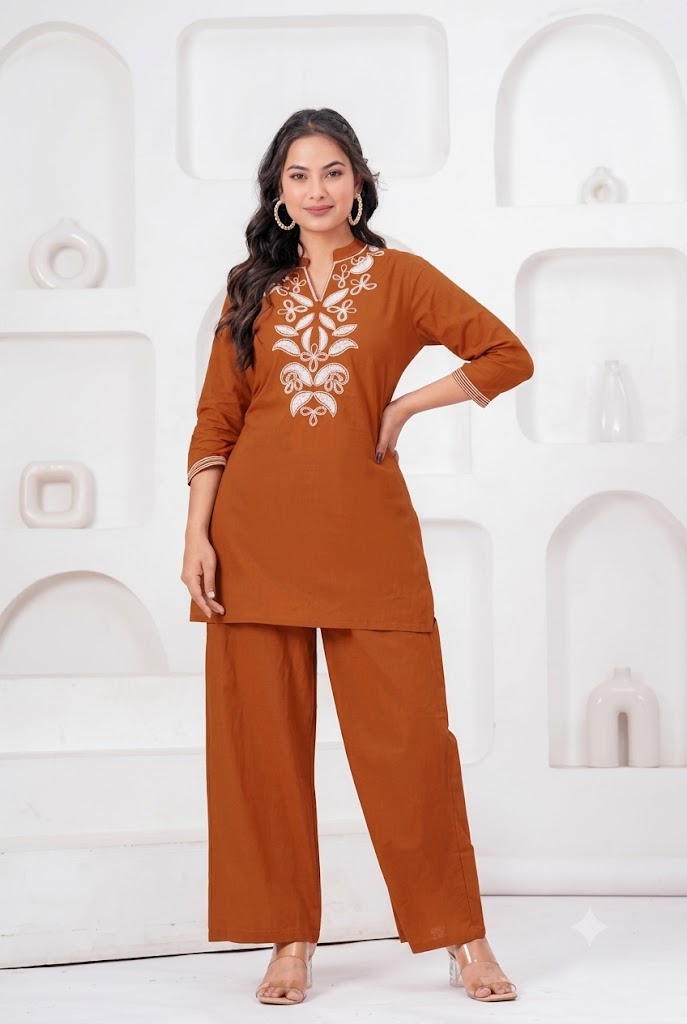 Rust Brown Embroidered Cotton Kurti with Wide Leg Pants