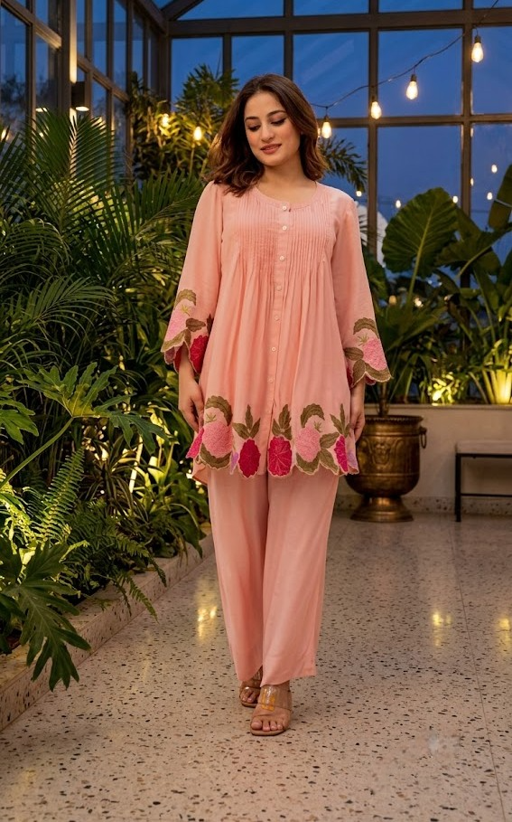 Peach Floral Embroidered Tunic and Pant Co-ord Set