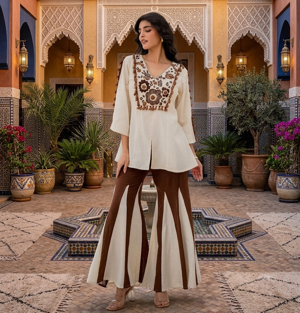 Beige and Brown Embroidered Boho Co-ord Set with Flared Pants