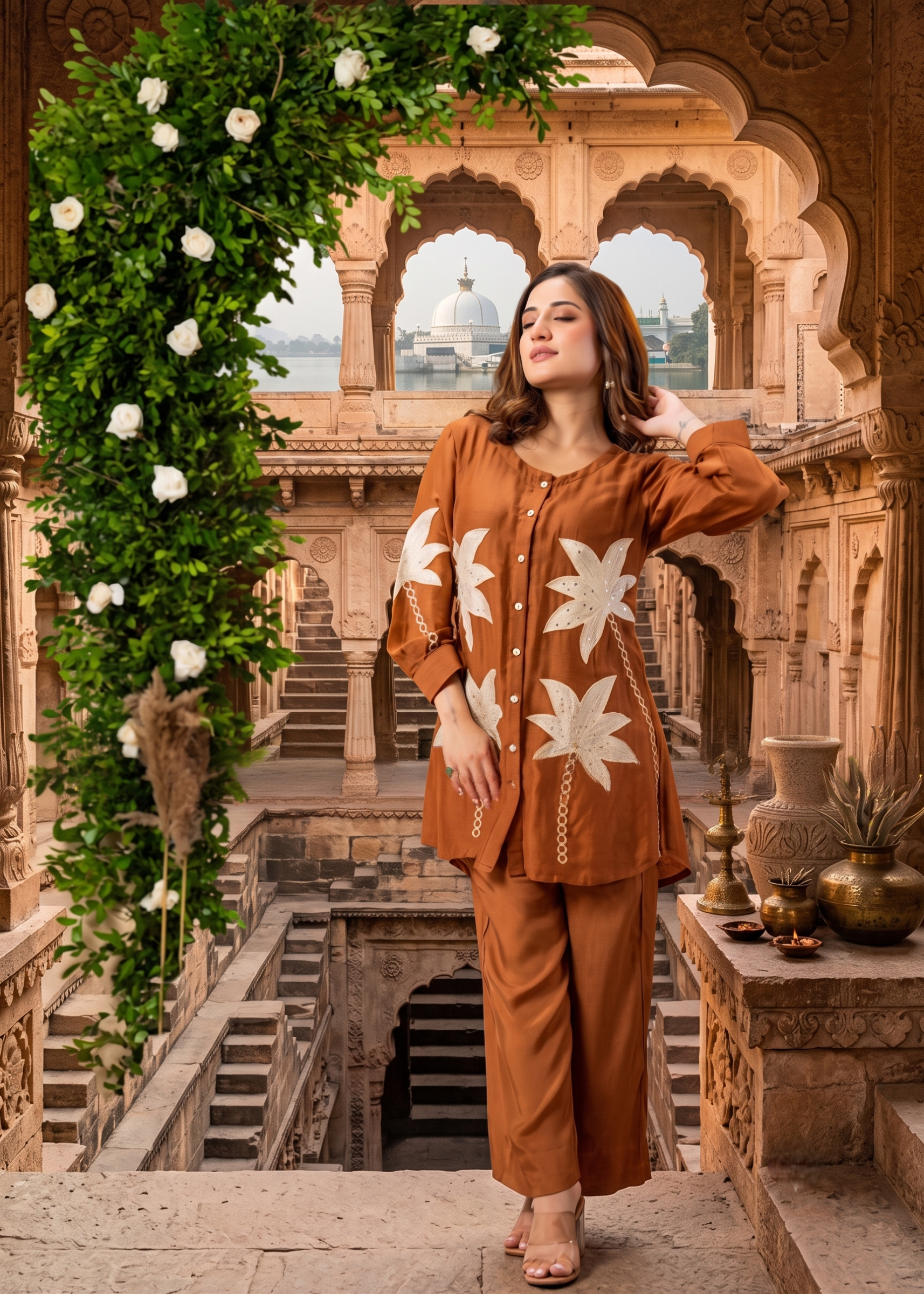 Rust Embroidered Button-Down Co-ord Set
