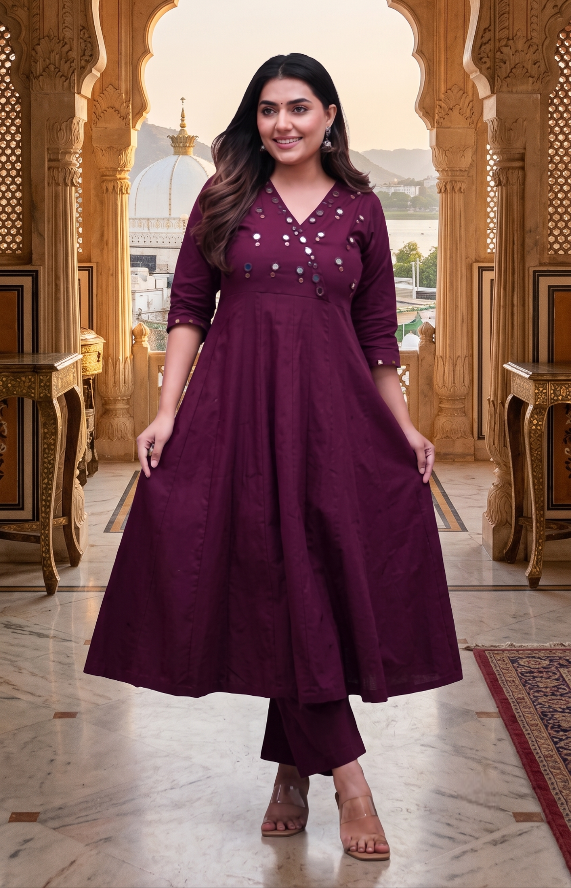 Elegant Plum Mirror Work A-Line Kurti Set