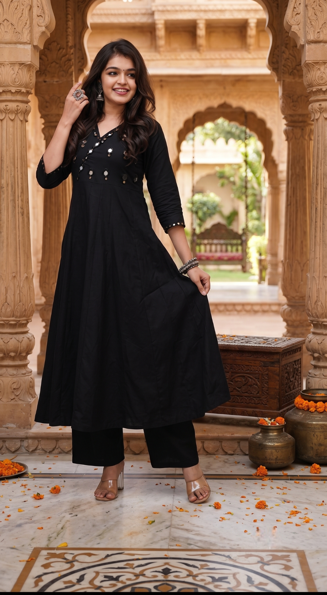 Elegant Black Mirror-Work A-Line Co-ord Set