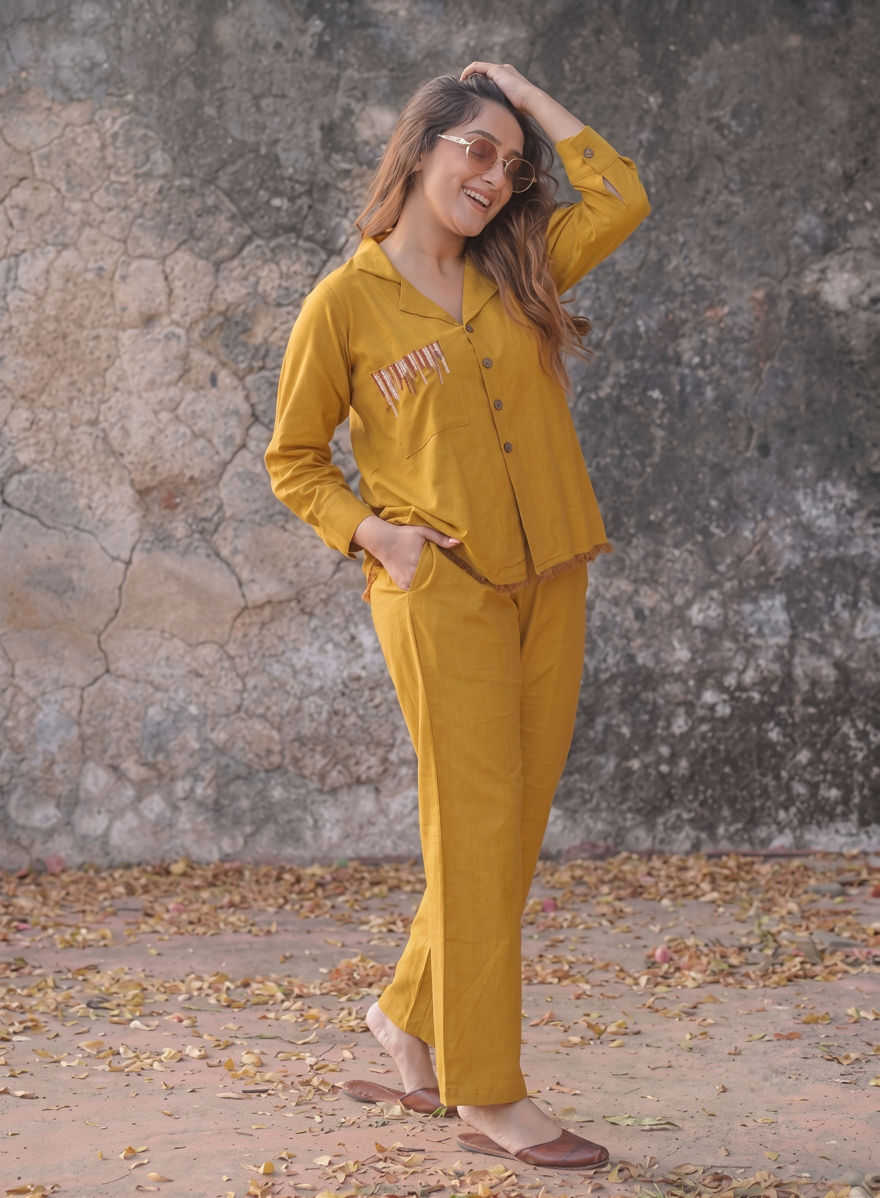 Mustard Yellow Collared Co-ord Set with Pocket Detailing