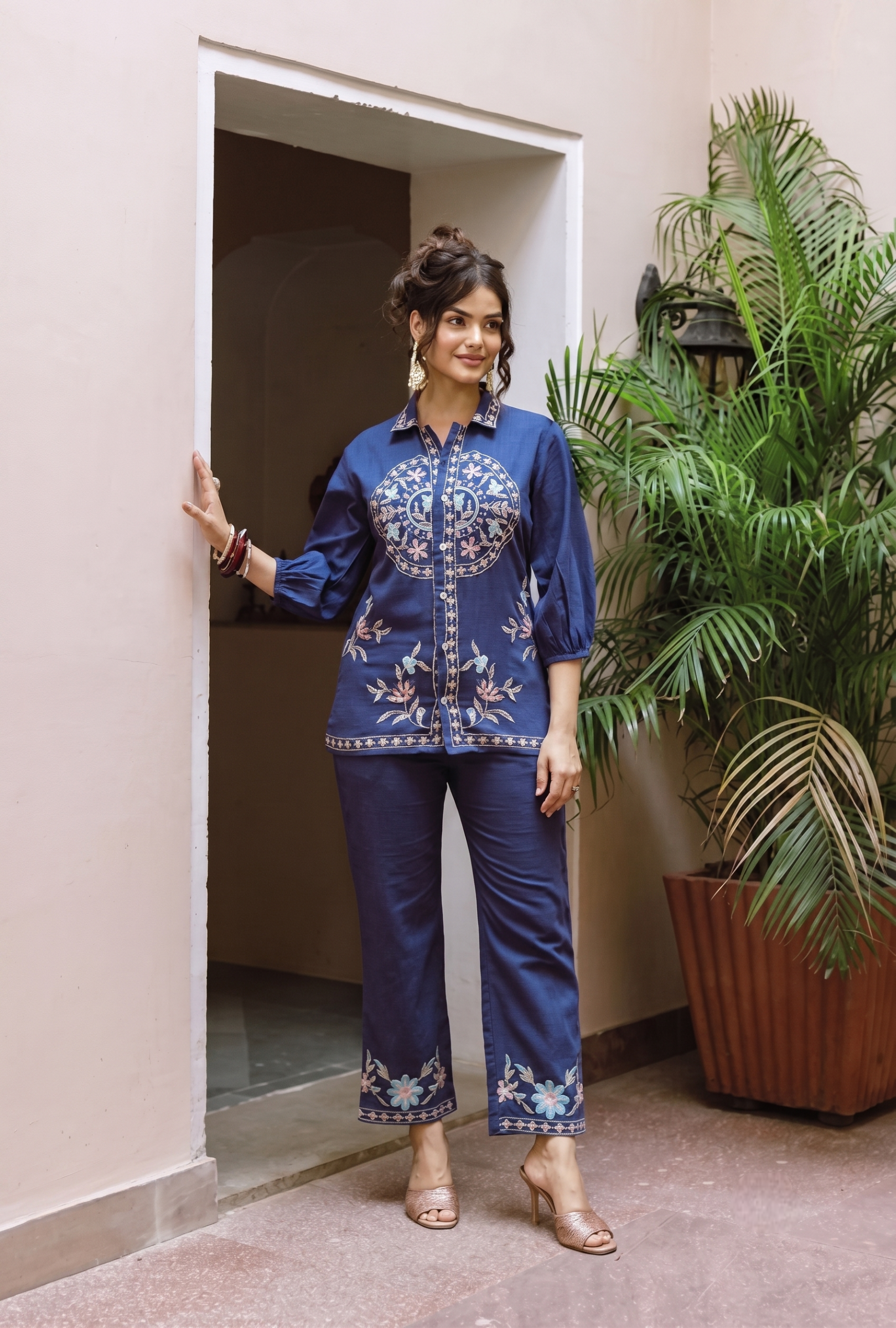Navy Blue Embroidered Collared Co-ord Set
