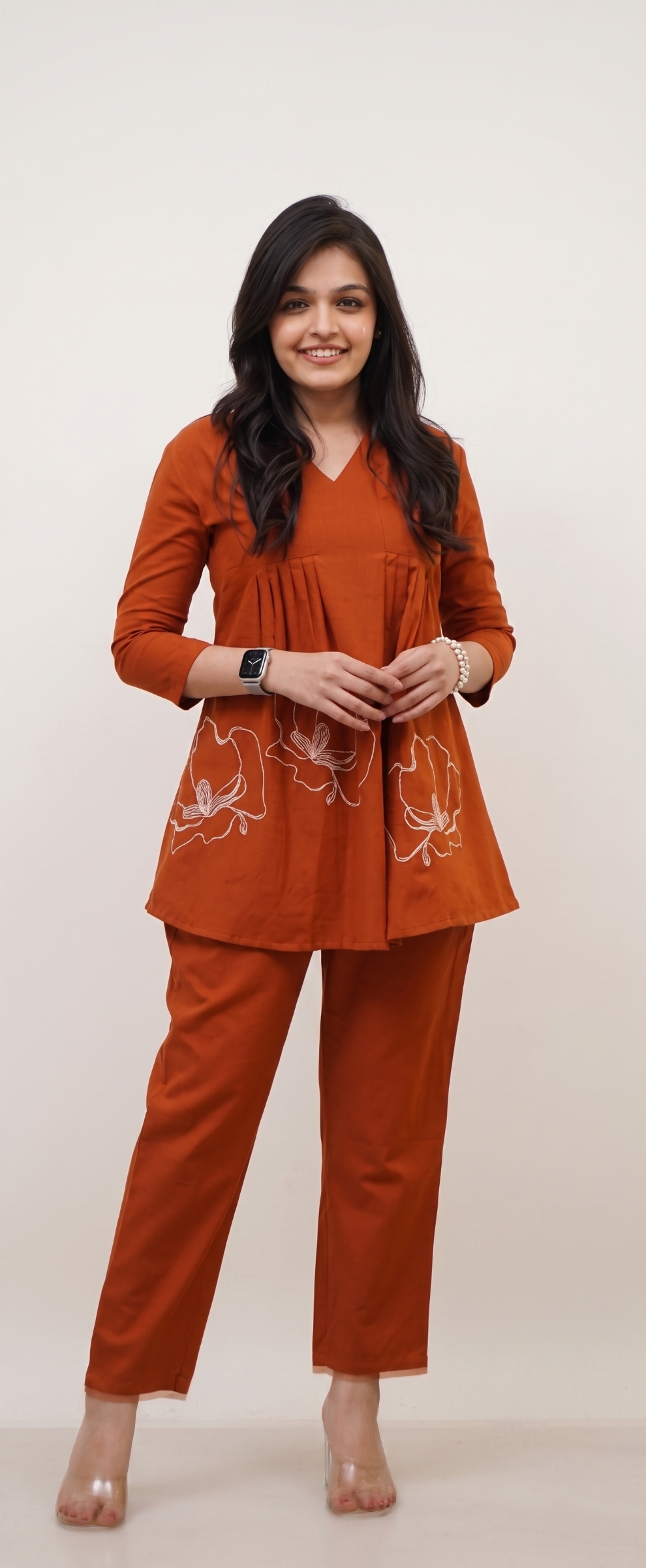 Rust Embroidered Pleated Tunic Co-ord Set