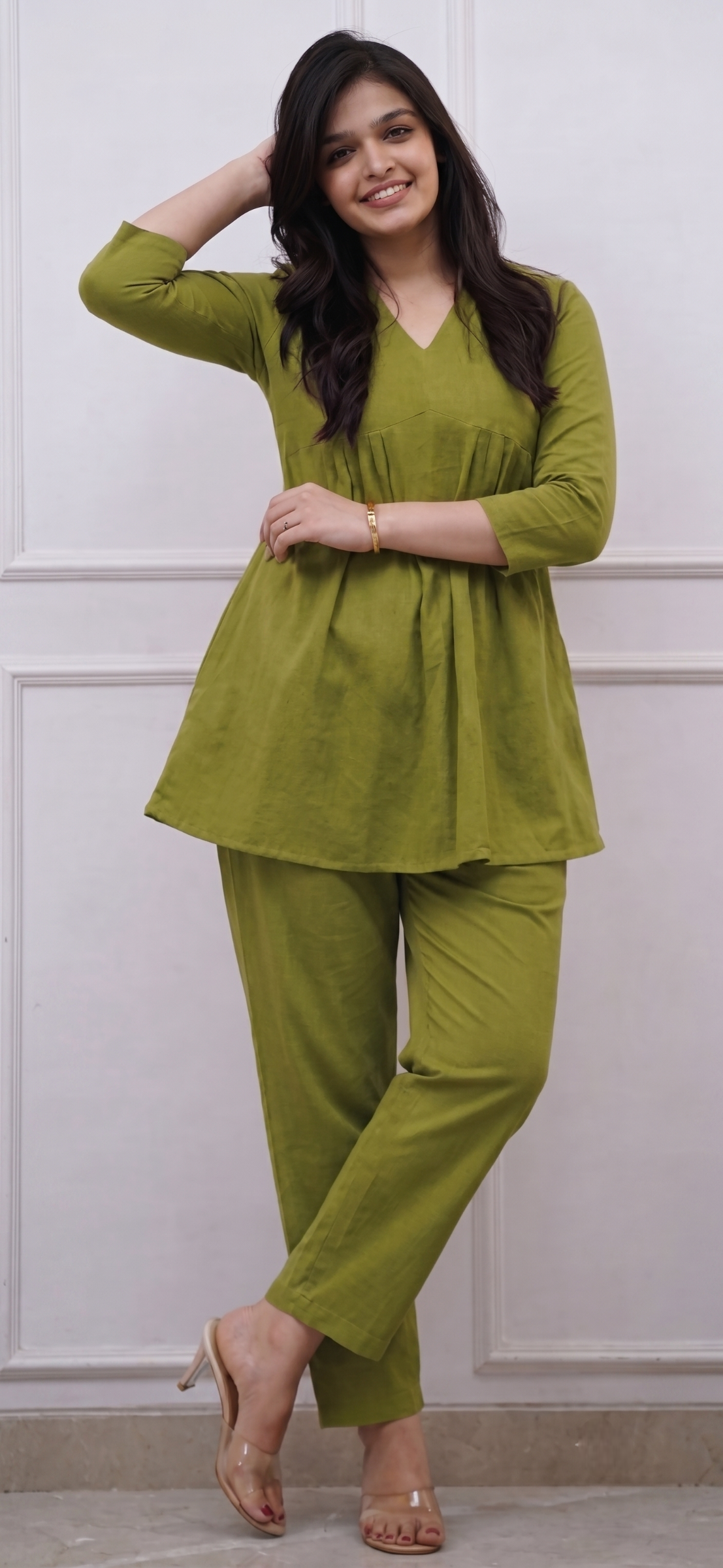 Olive Green Pleated Tunic Co-ord Set