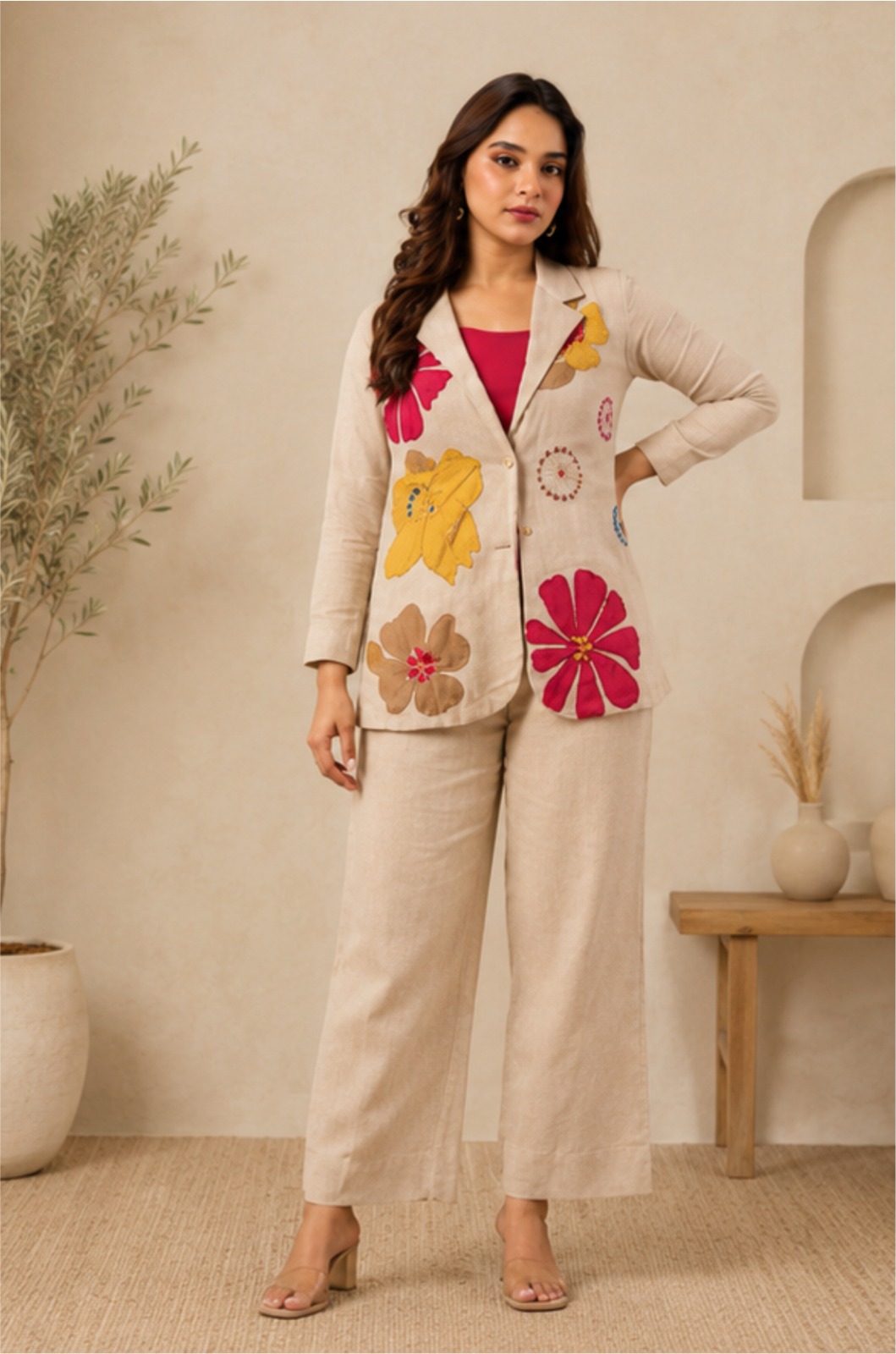 Women's Floral Embroidered Linen Co-Ord Set with Blazer & Wide-Leg Pants