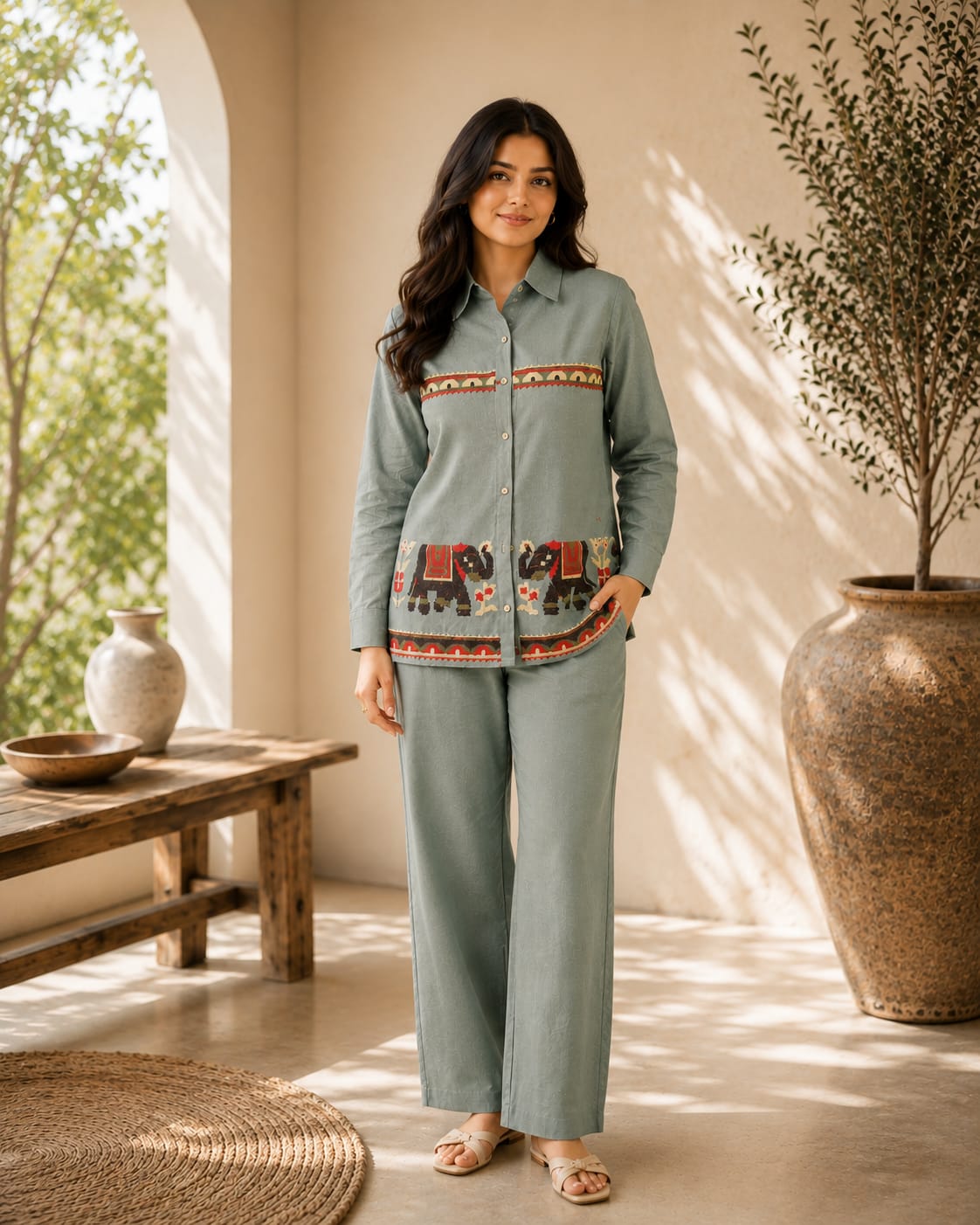 Women's Sage Green Printed Co-ord Set with Wide-Leg Pants