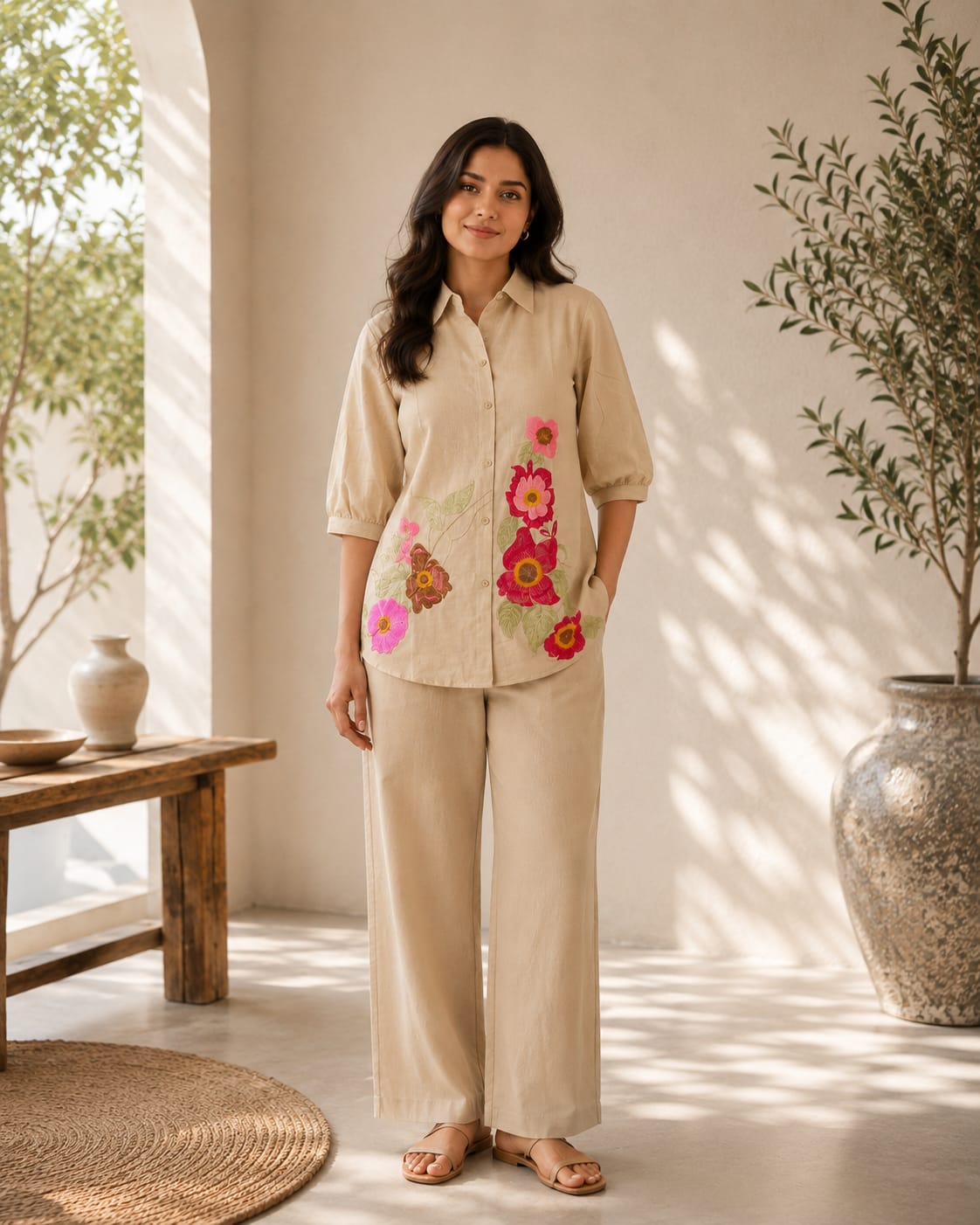 Women's Beige Floral Printed Cotton Co-ord Set