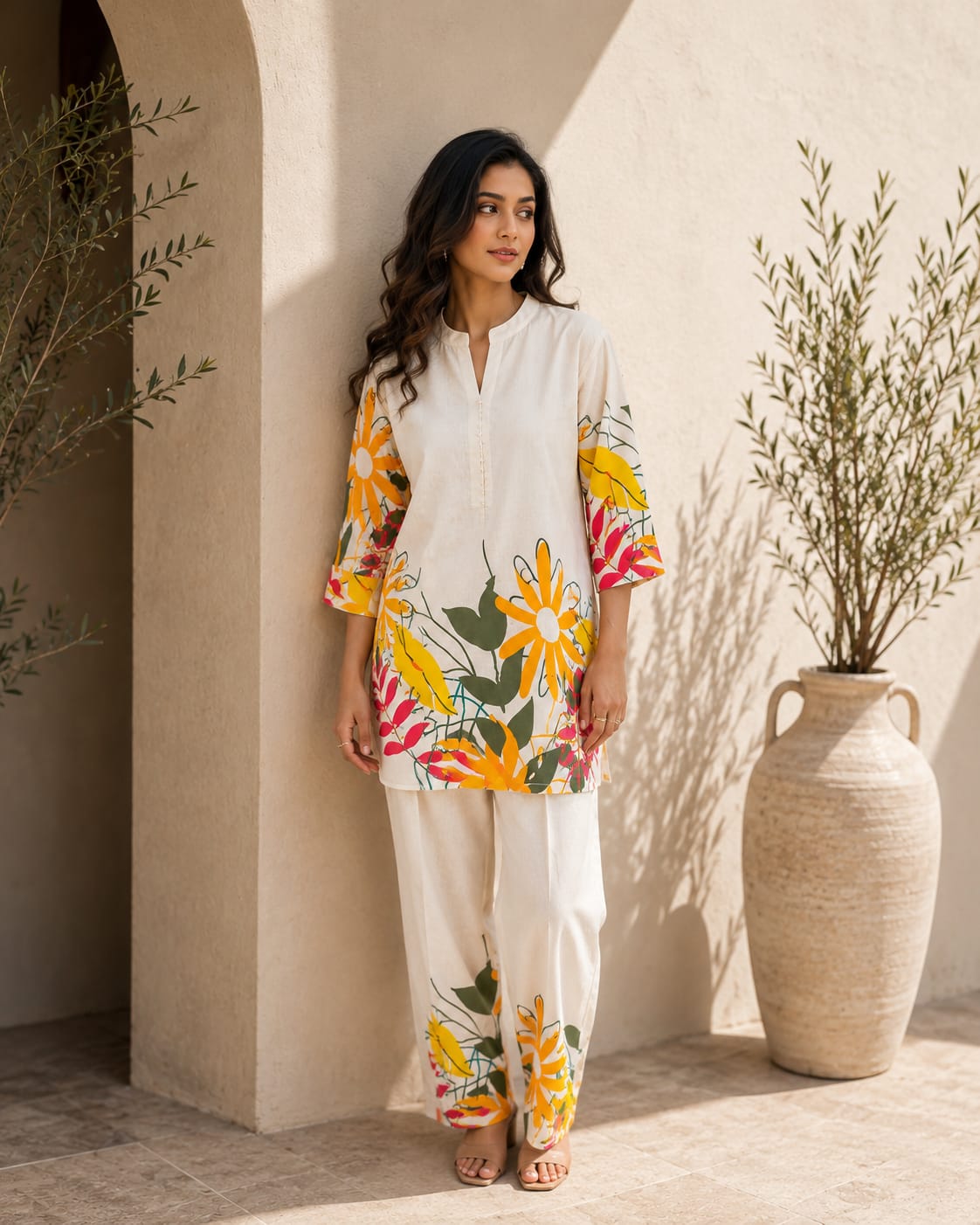 Women's White Floral Printed Kurta Pant Set