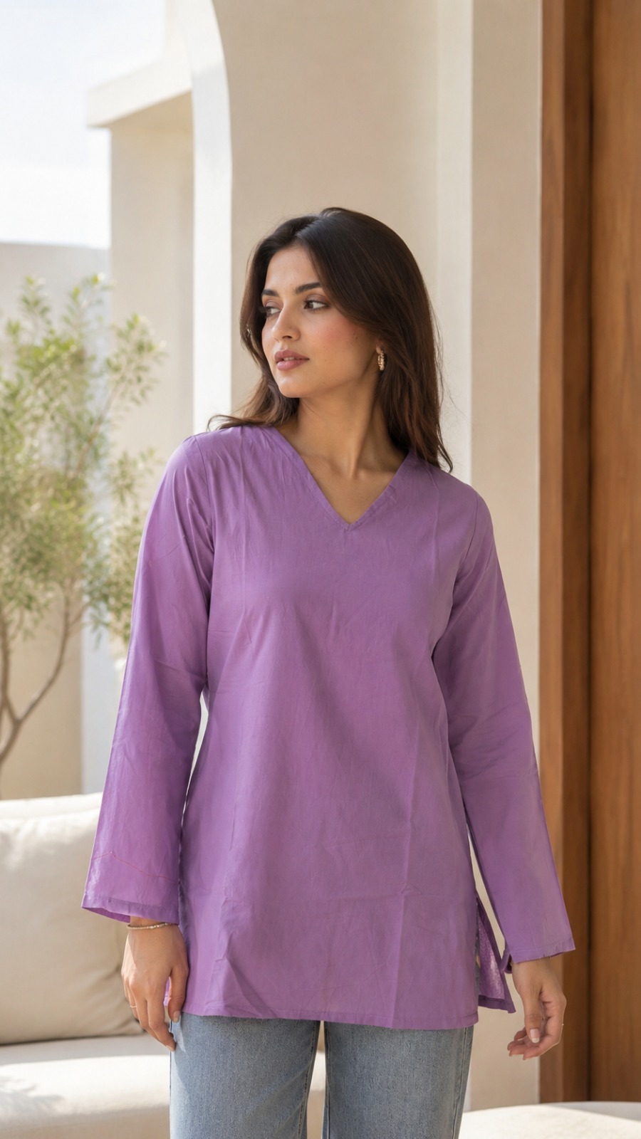 Lavender Solid Cotton V-Neck Short Kurti