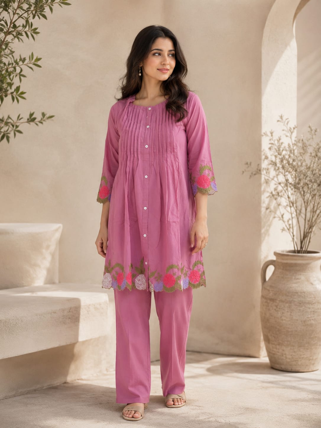 Women's Embroidered Cotton Co-Ord Kurta Pant Set