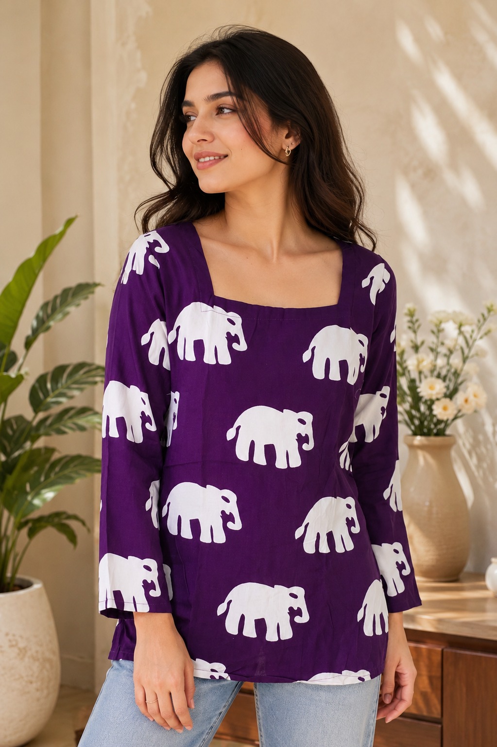 Women's Purple Elephant Print Cotton Top