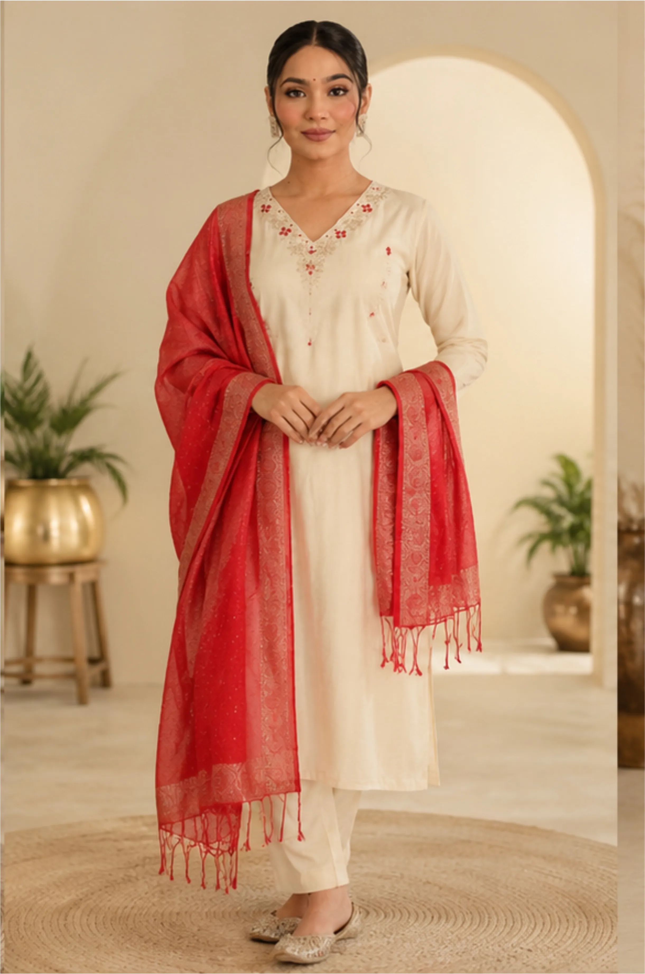 Embroidered Straight Kurta Pant Set with Dupatta for Women
