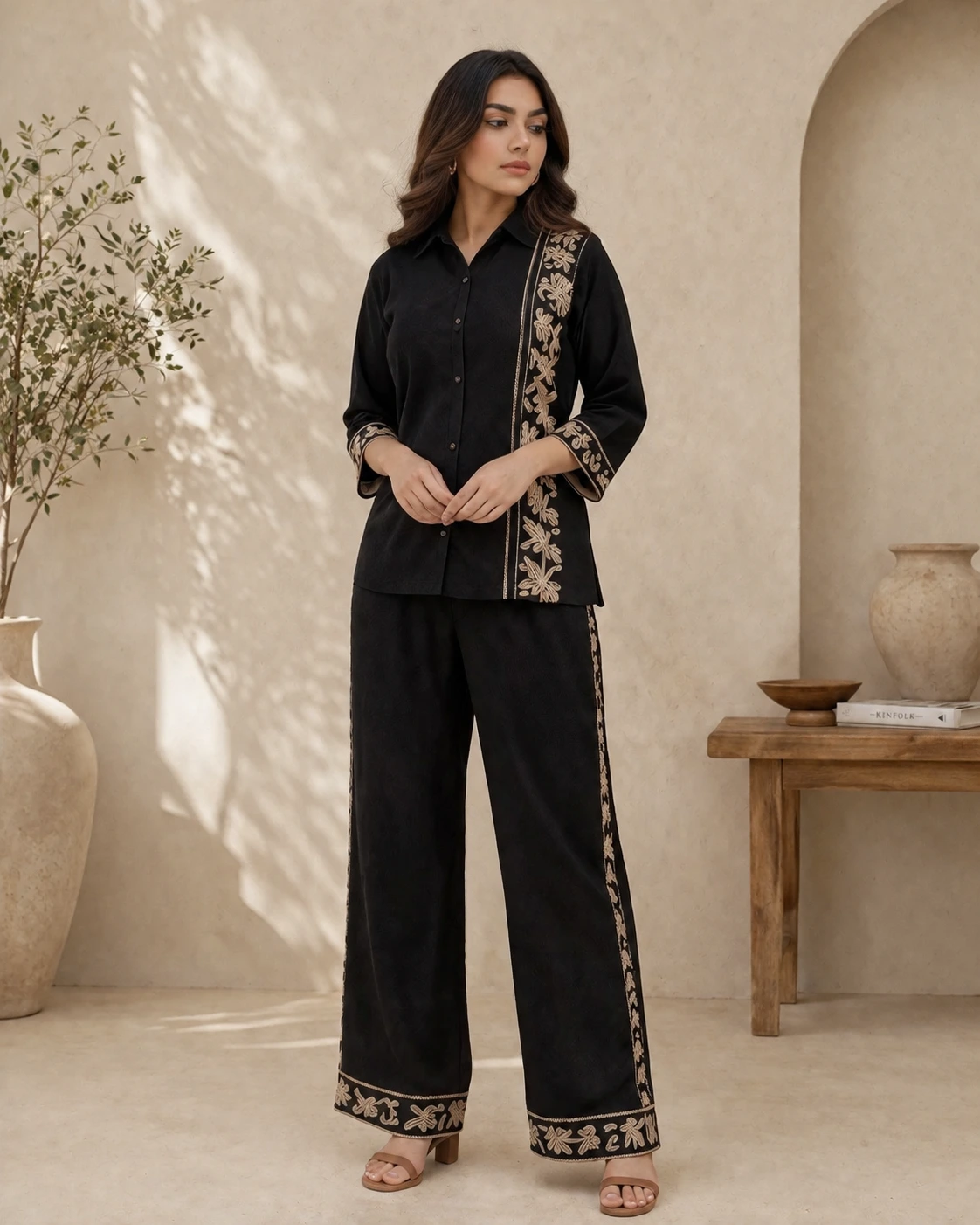 Women's Embroidered Co-ord Set with Straight Shirt & Wide-Leg Pants