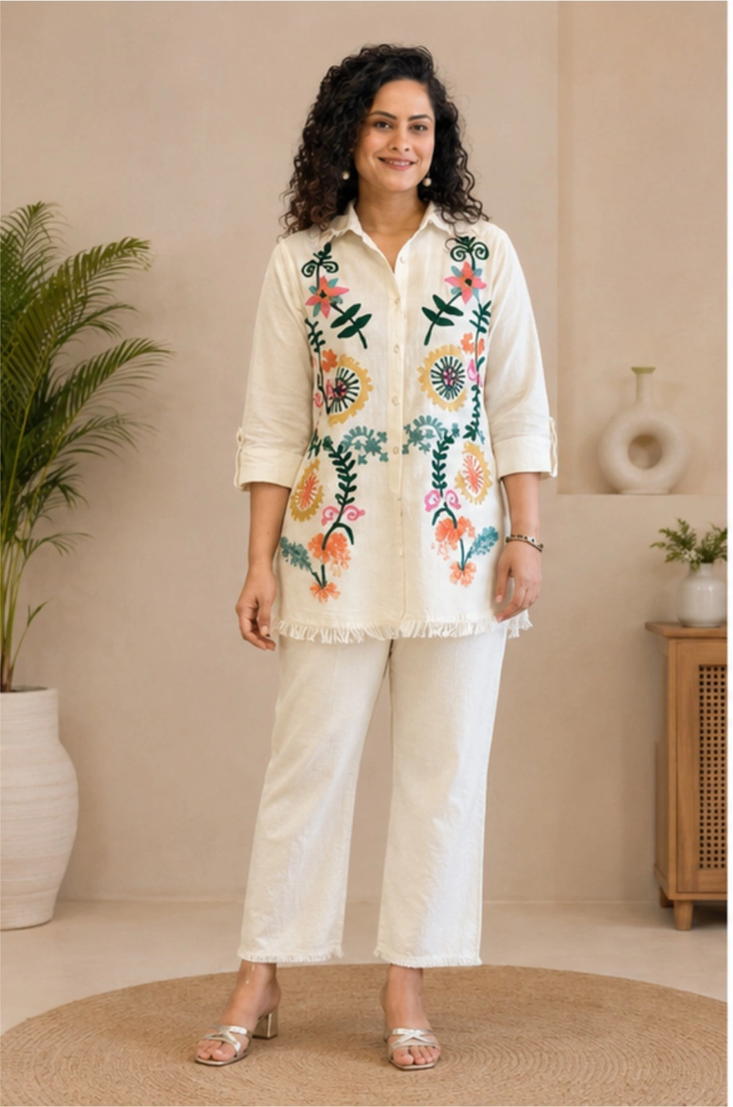 Women's Floral Embroidered Cotton Co-Ord Set with Shirt & Straight Pants