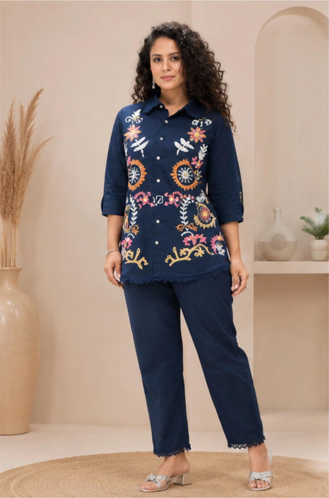 Women's Floral Embroidered Cotton Co-Ord Set with Shirt & Straight Pants