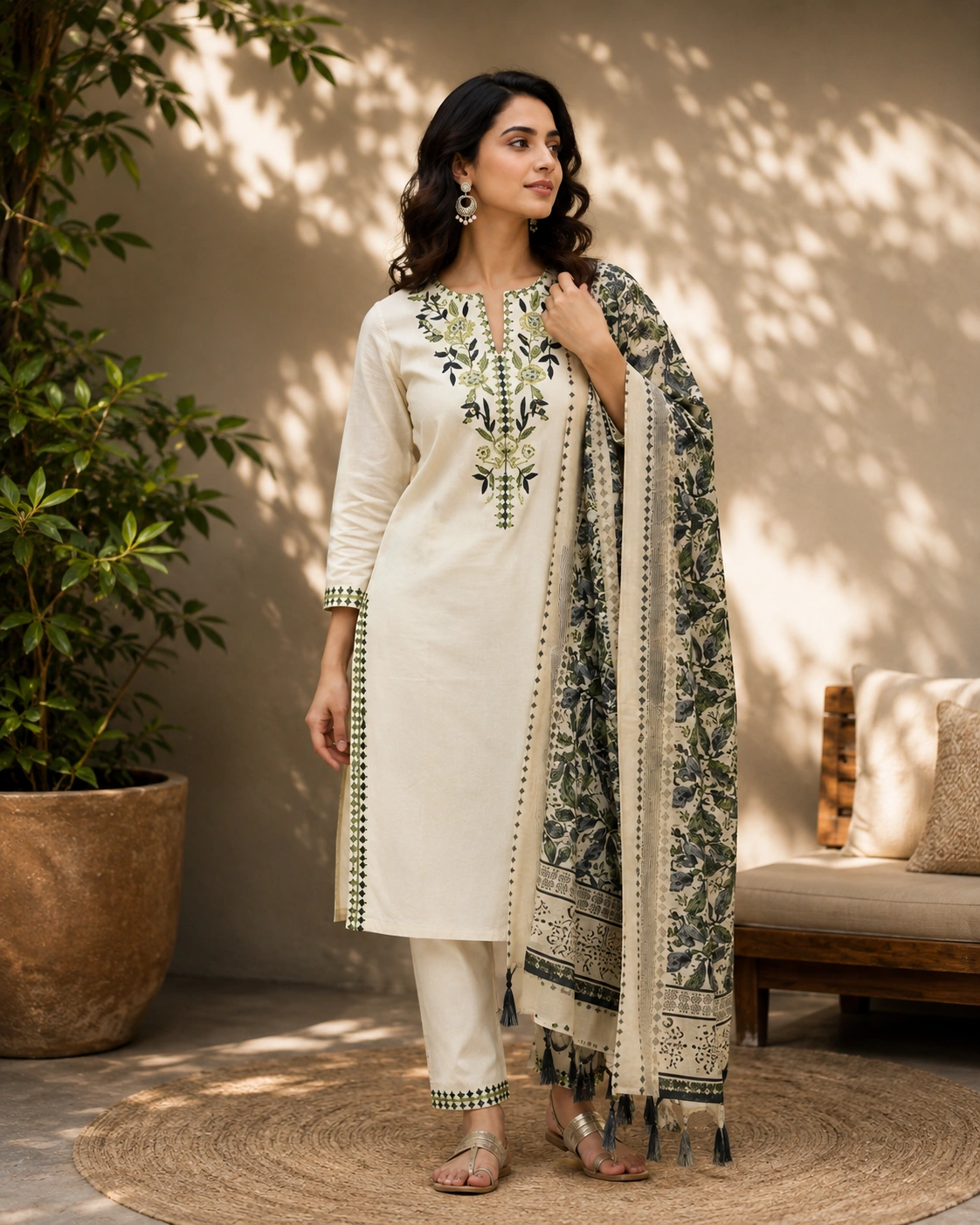 Elegant Floral Printed Cotton Kurta Pant Dupatta Set for Women